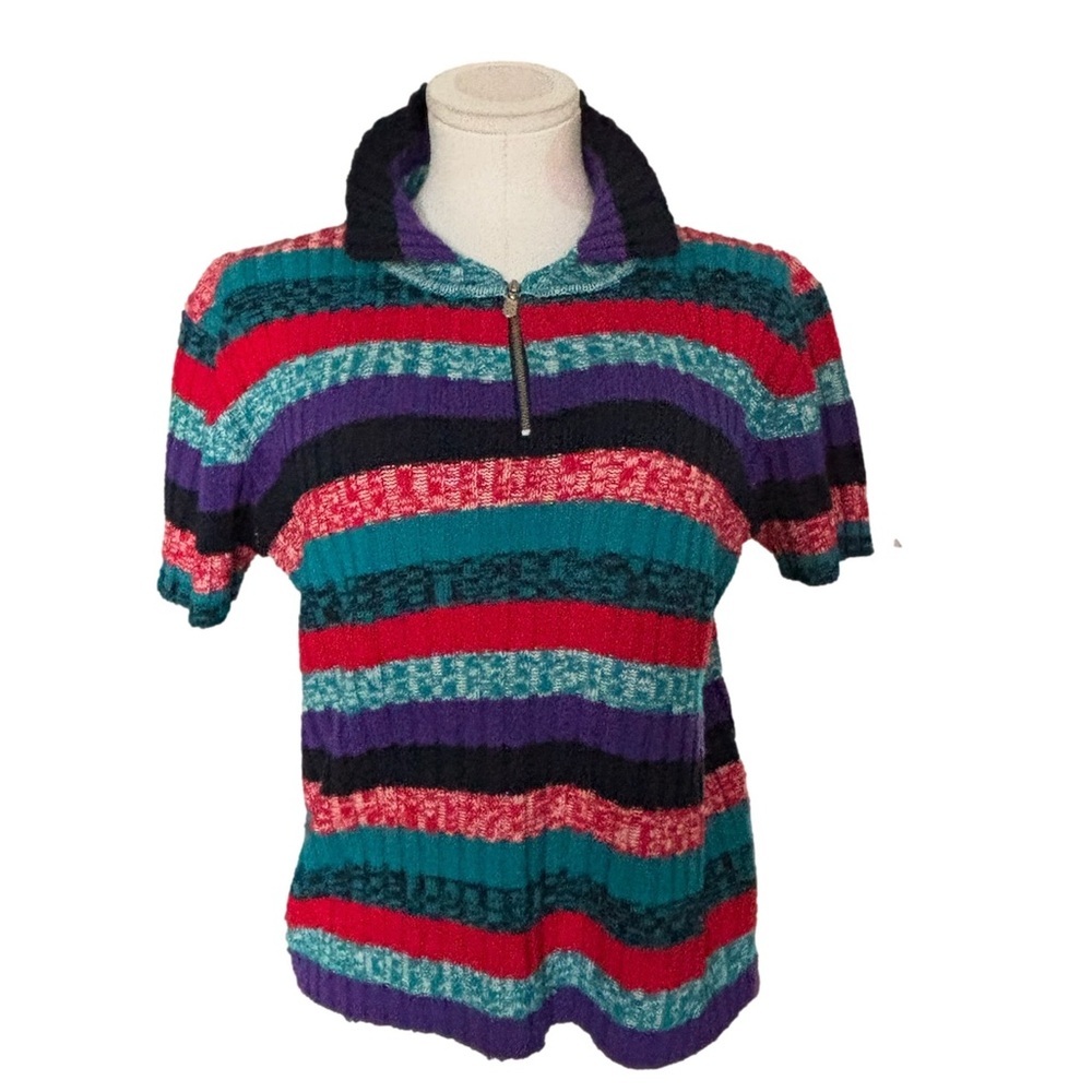 Retro Colorblock Textured Knit Top - Multicolor - Teal red purple black-  med